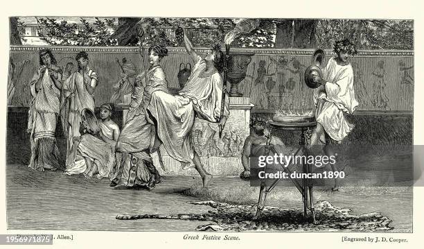 festival in ancient greece, greek dancers, musician, after a painting by lawrence alma-tadema - ancient greece stock illustrations