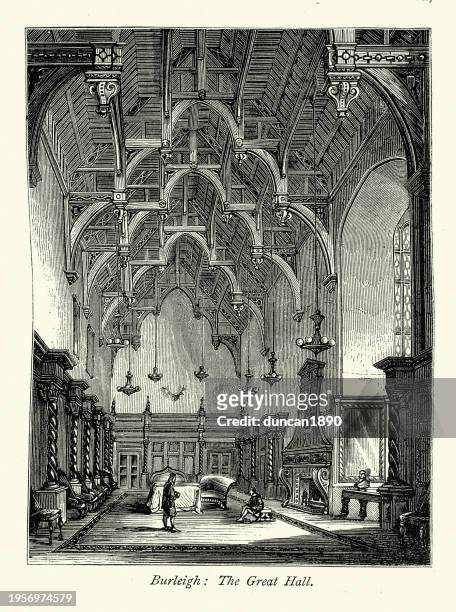 great hall, vaulted ceiling, elizabethan architecture sixteenth-century english country house, burghley house,, victorian art 1870s - ceiling stock illustrations