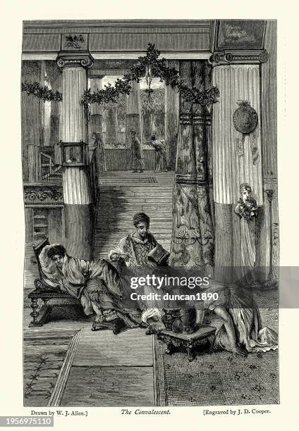 ancient greek or roman history, domestic scene, medicine, the convalescent, after a painting by lawrence alma-tadema - alma stock illustrations