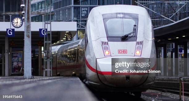 High-speed trains of German state rail carrier Deutsche Bahn stand parked during a nationwide strike by the GDL union of locomotive drivers and rail...