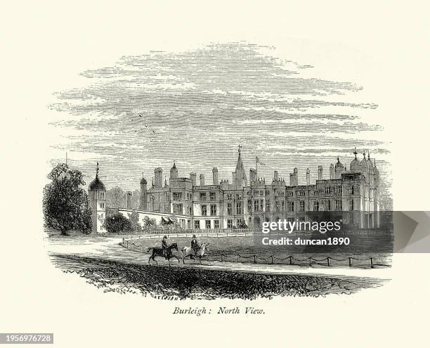 burghley house, elizabethan sixteenth-century english country house, victorian art 1870s - 16th century style stock illustrations