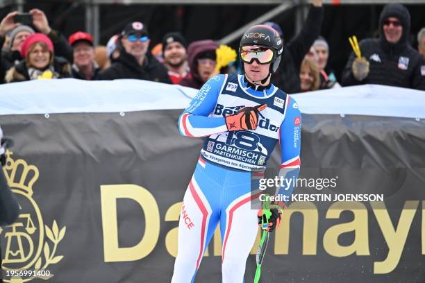 France's Nils Allegre reacts in the finish area during the men's Super G event of the FIS Alpine Skiing World Cup in Garmisch-Partenkirchen, southern...