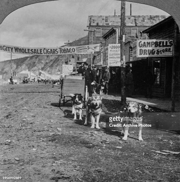 Man standing before a cart being pulled by a team of dogs, with a banner strung across the street reading [Dawson] City Wholesale Cigars and Tobacco,...
