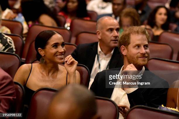 Meghan, Duchess of Sussex and Prince Harry, Duke of Sussex attends the Premiere of “Bob Marley: One Love” at the Carib 5 Theatre on January 23, 2024...
