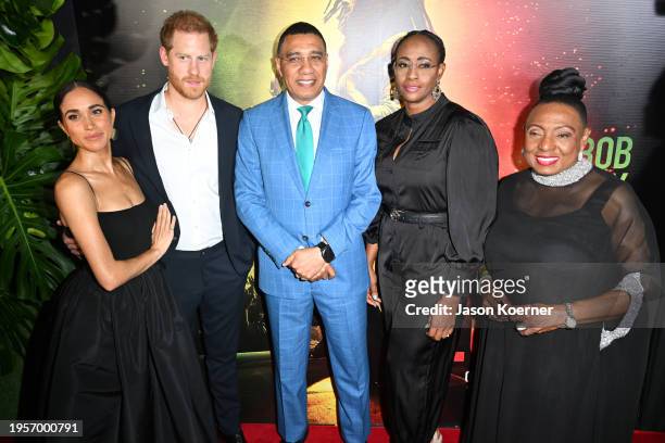 Meghan, Duchess of Sussex, Prince Harry, Duke of Sussex, Andrew Holness, Juliet Holness and Olivia Grange attend the Premiere of “Bob Marley: One...