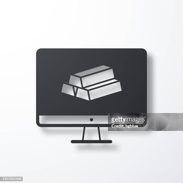 desktop-computer mit goldbarren. symbol mit schatten auf weißem hintergrund - 3d data bars stock-grafiken, -clipart, -cartoons und -symbole