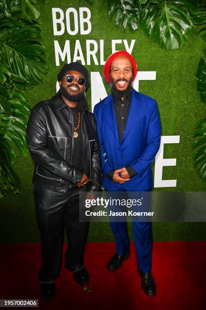 Aston Barrett Jr. And Ziggy Marley attend the Premiere of “Bob Marley: One Love” at the Carib 5 Theatre on January 23, 2024 in Kingston, Jamaica.