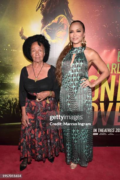 Diane Jobson and Sundra Oakley attend the Premiere of “Bob Marley: One Love” at the Carib 5 Theatre on January 23, 2024 in Kingston, Jamaica.