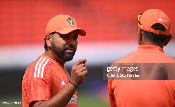 India captain Rohit Sharma with coach Rahul Dravid during the India Net Session at Rajiv Gandhi International Stadium on January 24, 2024 ahead of...