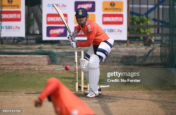 India player Shubman Gill in batting action during the India Net Session at Rajiv Gandhi International Stadium on January 24, 2024 ahead of the first...