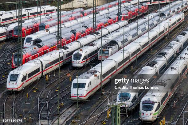 High-speed trains of German state rail carrier Deutsche Bahn stand parked during a nationwide strike by the GDL union of locomotive drivers and rail...