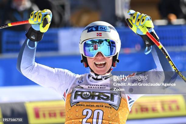 Ragnhild Mowinckel of Team Norway celebrates during the Audi FIS Alpine Ski World Cup Women's Downhill on January 27, 2024 in Cortina d'Ampezzo,...