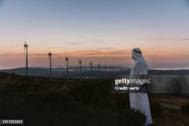 naher osten geschäftsmann in windpark bei sonnenuntergang - vereinigte arabische emirate stock-fotos und bilder