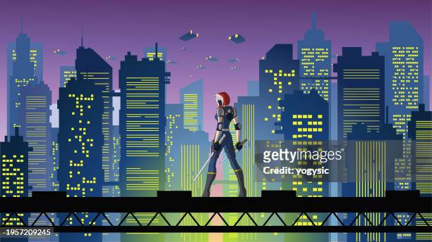 vector rear view female cyberpunk mercenary with city skyline background vector illustration - visor digital 幅插畫檔、美工圖案、卡通及圖標
