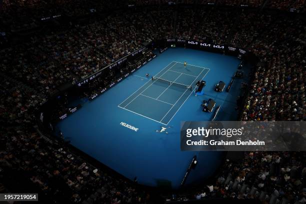 Alexander Zverev of Germany plays a forehand during their quarterfinals singles match against Carlos Alcaraz of Spain during the 2024 Australian Open...