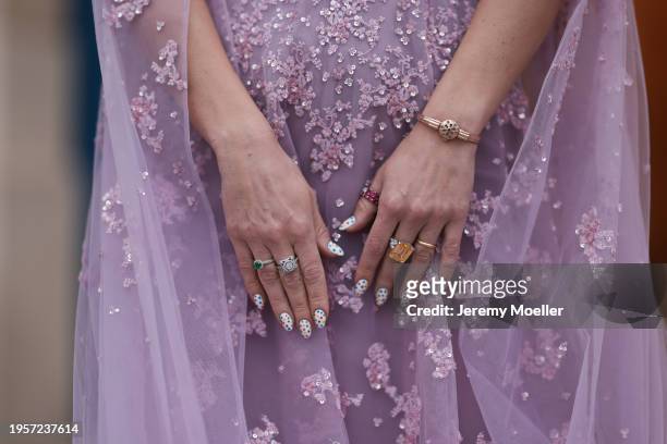 Palina Kozyrava seen wearing Rami Al Ali pastel lilac / purple embroidered belted transparent tulle long couture dress, Natkina jewelry / diamond...