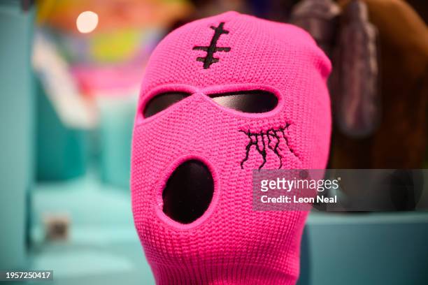 Riot Embroidered Balaclava" by Pussy Riot is seen during a press preview of the "CUTE" exhibition at Somerset House on January 24, 2024 in London,...