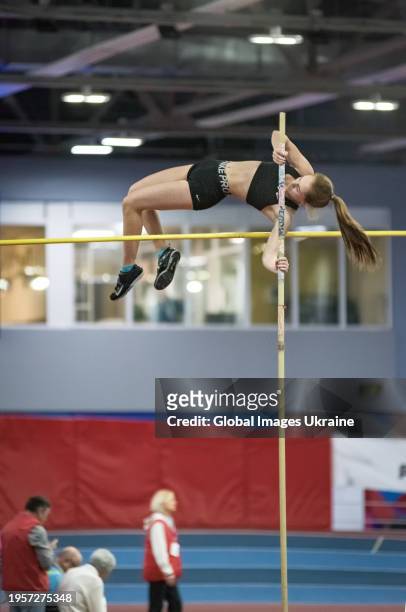 Sofiia Kunychak competes in the women’s pole vault final during the team championship of Ukraine in indoor athletics on January 20, 2024 in Kyiv,...
