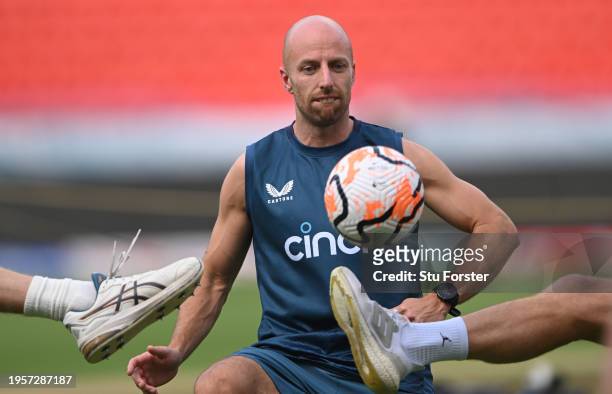 England bowler Jack Leach in football action during the England Net Session at Rajiv Gandhi International Stadium on January 24, 2024 prior to the...