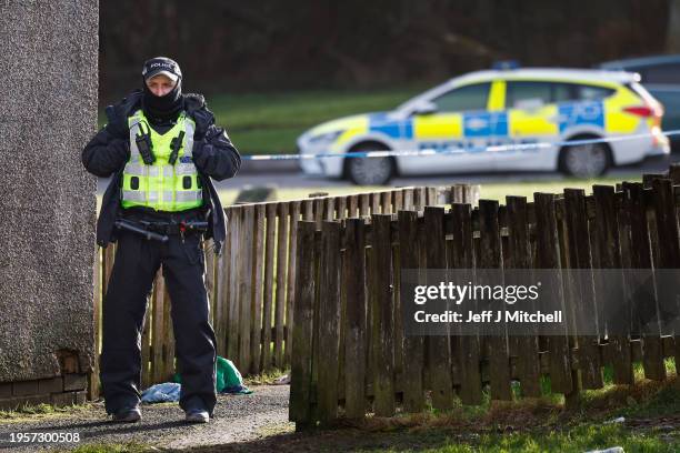 The scene in Tinto View where police shot a large bulldog type of dog after it attacked a man on January 24, 2024 in Hamilton, Scotland. A man was...