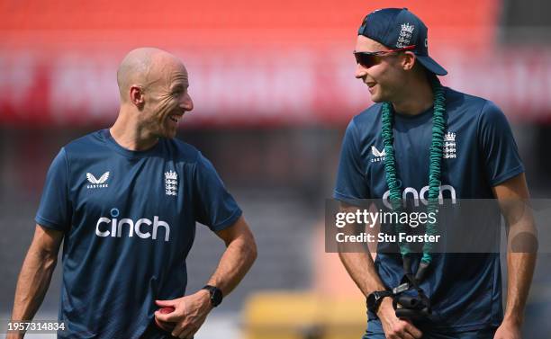 England spin bowlers Jack Leach and Tom Hartley share a joke during the England Net Session at Rajiv Gandhi International Stadium on January 24, 2024...