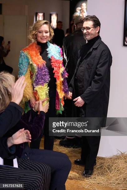Ophelia Kolb and designer Franck Sorbier walk the runway during the Franck Sorbier Haute Couture Spring/Summer 2024 show as part of Paris Fashion...