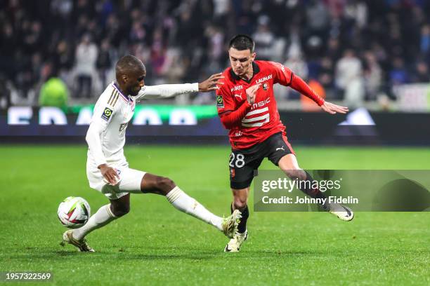 Clinton MATA of Lyon and Enzo LE FEE of Rennes during the Ligue 1 Uber Eats match between Olympique Lyonnais and Stade Rennais Football Club at...