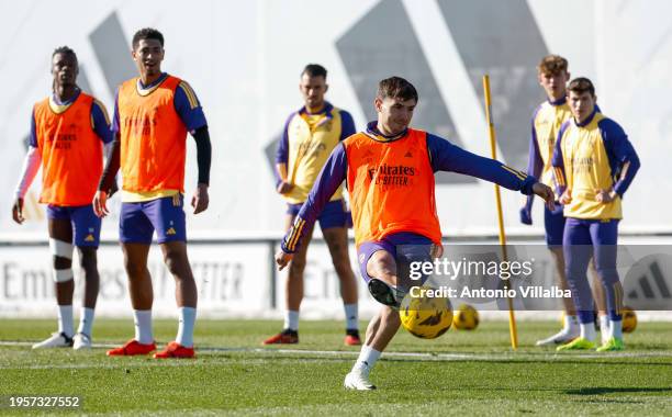 Brahim Diaz player of Real Madrid is training at Valdebebas training ground on January 24, 2024 in Madrid, Spain.