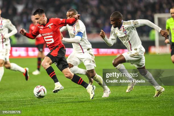 Enzo LE FEE of Rennes, Alexandre LACAZETTE and Clinton MATA of Lyon during the Ligue 1 Uber Eats match between Olympique Lyonnais and Stade Rennais...