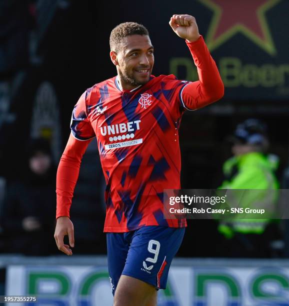 Rangers' Cyriel Dessers celebrates after making it 1-0 during a cinch Premiership match between St Mirren and Rangers at the SMiSA Stadium, on...