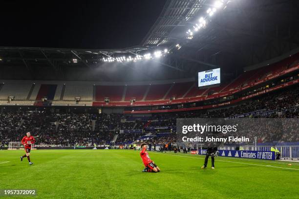 Desire DOUE of Rennes celebrates his goal during the Ligue 1 Uber Eats match between Olympique Lyonnais and Stade Rennais Football Club at Groupama...