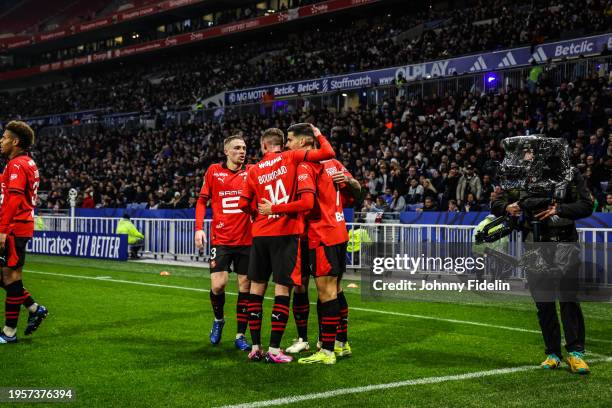 Martin TERRIER of Rennes celebrates his goal with his team-mates during the Ligue 1 Uber Eats match between Olympique Lyonnais and Stade Rennais...