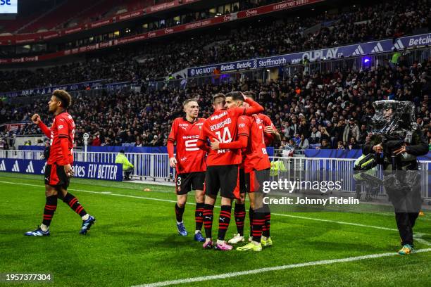 Martin TERRIER of Rennes celebrates his goal with his team-mates during the Ligue 1 Uber Eats match between Olympique Lyonnais and Stade Rennais...