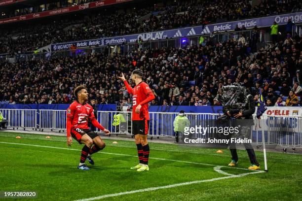 Martin TERRIER of Rennes celebrates his goal with Desire DOUE during the Ligue 1 Uber Eats match between Olympique Lyonnais and Stade Rennais...