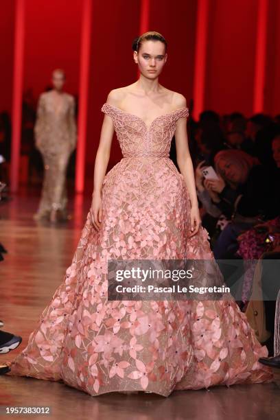 Model walks the runway during the Elie Saab Haute Couture Spring/Summer 2024 show as part of Paris Fashion Week on January 24, 2024 in Paris, France.