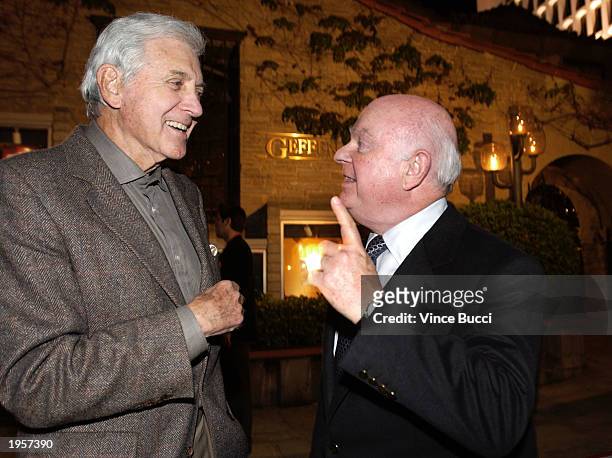 Television personality Monte Hall and Herb Gelfand, chairman of the Geffen, talk at"Backstage At The Geffen" second annual fundraising gala at the...