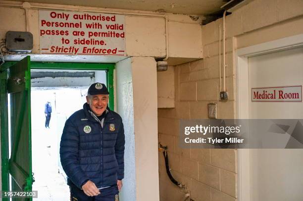 Meath , Ireland - 27 January 2024; Meath manager Colm O'Rourke makes his way back into the dressing rooms after inspecting the pitch before the...