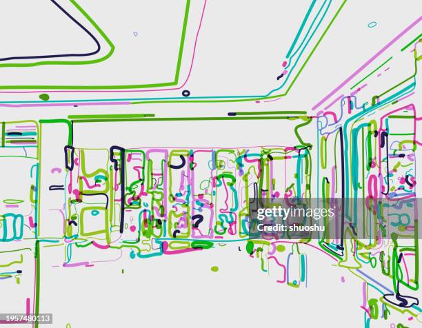 abstract line art outline style shopping centre scene art illustration background - storefront-for-art-and-architecture stock illustrations
