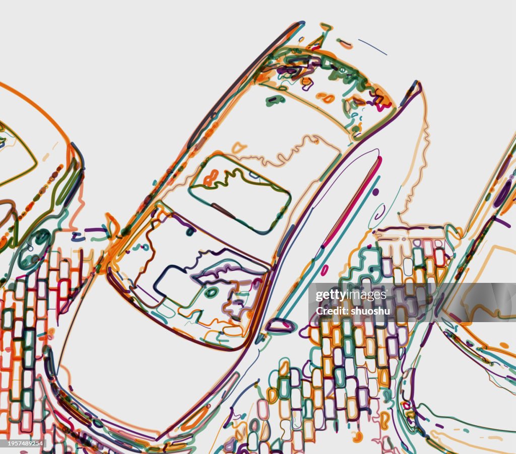 Abstract line art car in parking scene illustration background