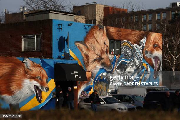 Mural celebrating Leicester City's FA Cup triumph of 2021, funded by the council and painted by street artist Smug is pictured as fans build-up to...