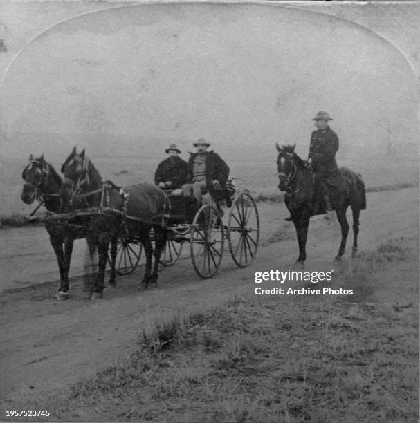 South African politician Louis Botha, Commandant General, in a horse cart alongside a man on horseback, during the Second Boer War, in the Diamond...