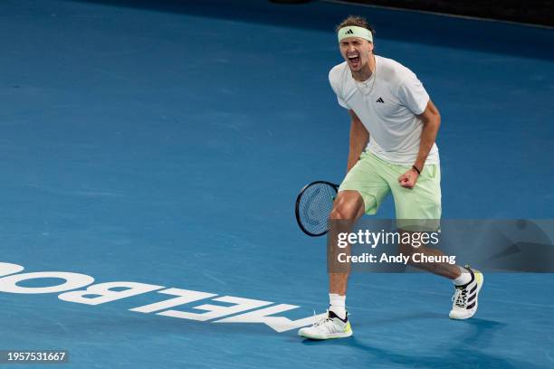 Alexander Zverev of Germany celebrates match point during the quarterfinals singles match against Carlos Alcaraz of Spain during day eleven of the...