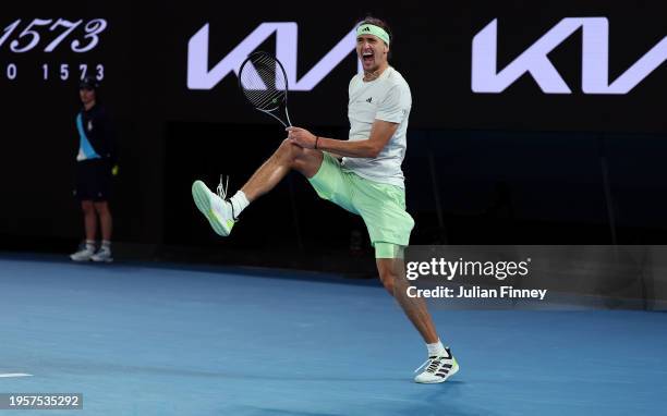 Alexander Zverev of Germany celebrates his win after their quarterfinals singles match against Carlos Alcaraz of Spain during the 2024 Australian...