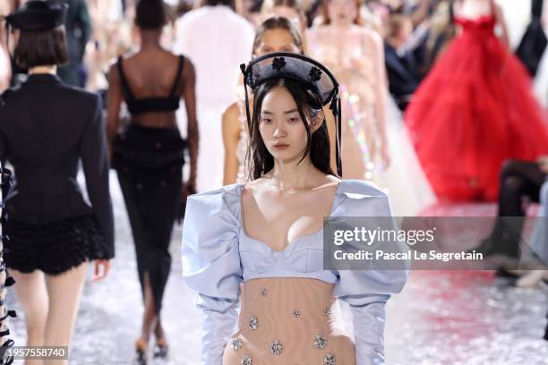 Models walk the runway during the Jean Paul Gaultier Haute Couture Spring/Summer 2024 show as part of Paris Fashion Week on January 24, 2024 in...