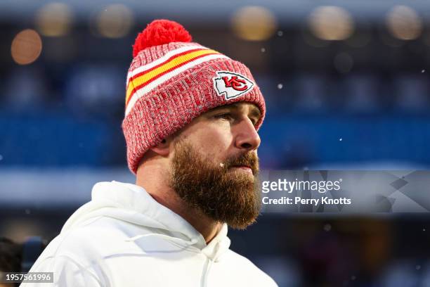 Travis Kelce of the Kansas City Chiefs warms up prior to an NFL divisional round playoff football game against the Buffalo Bills at Highmark Stadium...