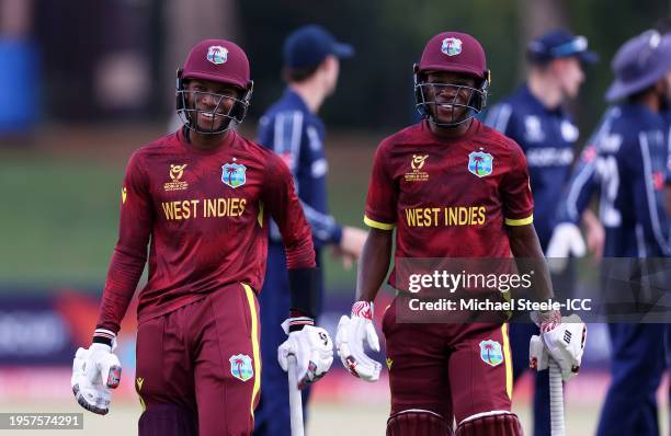 Nathan Edward and Jewel Andrew of West Indies make their way off following victory following the ICC U19 Men's Cricket World Cup South Africa 2024...