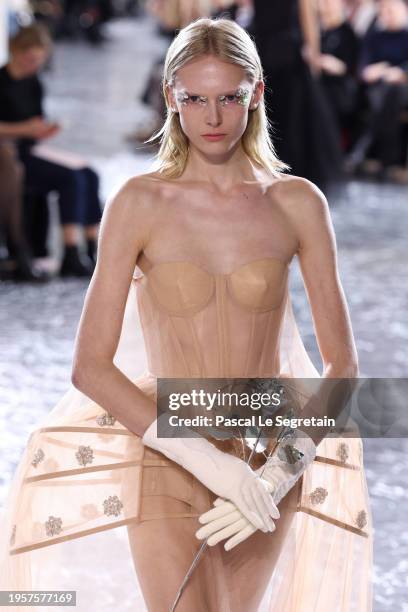 Model walks the runway during the Jean Paul Gaultier Haute Couture Spring/Summer 2024 show as part of Paris Fashion Week on January 24, 2024 in...