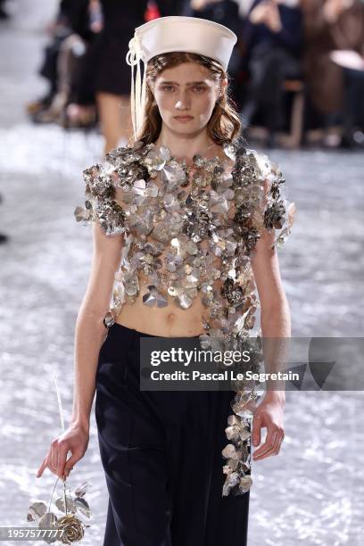 Model walks the runway during the Jean Paul Gaultier Haute Couture Spring/Summer 2024 show as part of Paris Fashion Week on January 24, 2024 in...