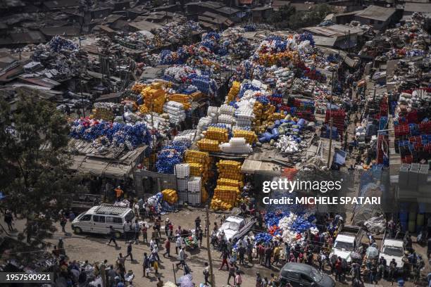General view of a the plastic section of the historical Merkato district of Addis Ababa on January 27, 2024. Merkato district is believed to have the...