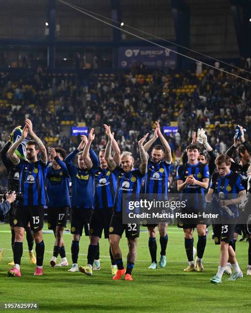 Federico Dimarco of FC Internazionale celebrates with teammates after winning the Italian EA Sports FC Supercup Final match between SSC Napoli and FC...